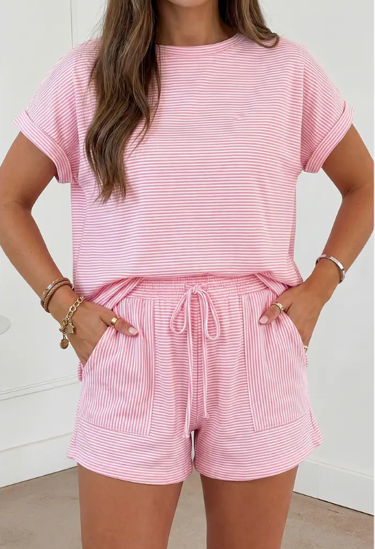 Stripe Matching Oversized Tee and Drawstring Shorts Set