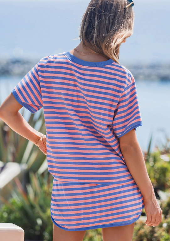 Striped Casual Short Sleeve Top and Skirt Set